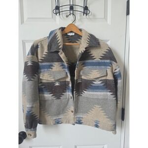 ACOA Womens Aztec Southwestern Shacket Blue‎ Grey Tan Button Front Jacket Medium
